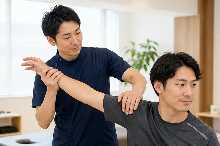 院長が患者さまの肩の状態を確認している様子（サンプル写真）
